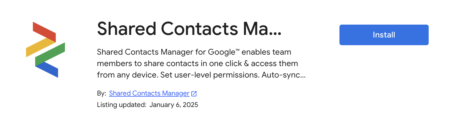 Shared Contacts Manager 在谷歌工作空间市场中的页面